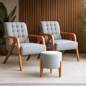 Conjunto Kit 2 Poltronas Com Puff Estofados Linho Para Sala Cinza Claro