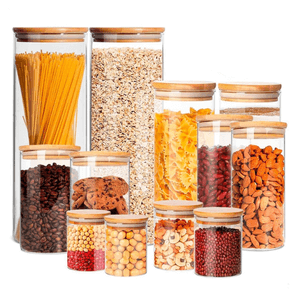 Kit 12 Potes Herméticos de Vidro com Tampa de Bambu Inclui Etiquetas e Caneta branca Capacidades 200ml, 250ml, 400ml, 600ml, 800ml, 2000ml Organização e Estilo para sua Cozinha