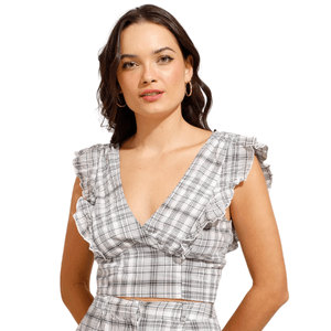 Regata Cropped Estampada Xadrez com Babados Decote V Off White