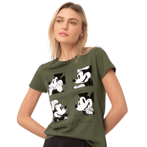 Camiseta de algodão mickey e minnie verde militar